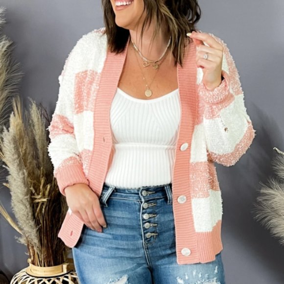 Entro Pink & White Striped Textured Knit Cardigan - Picture 2 of 9